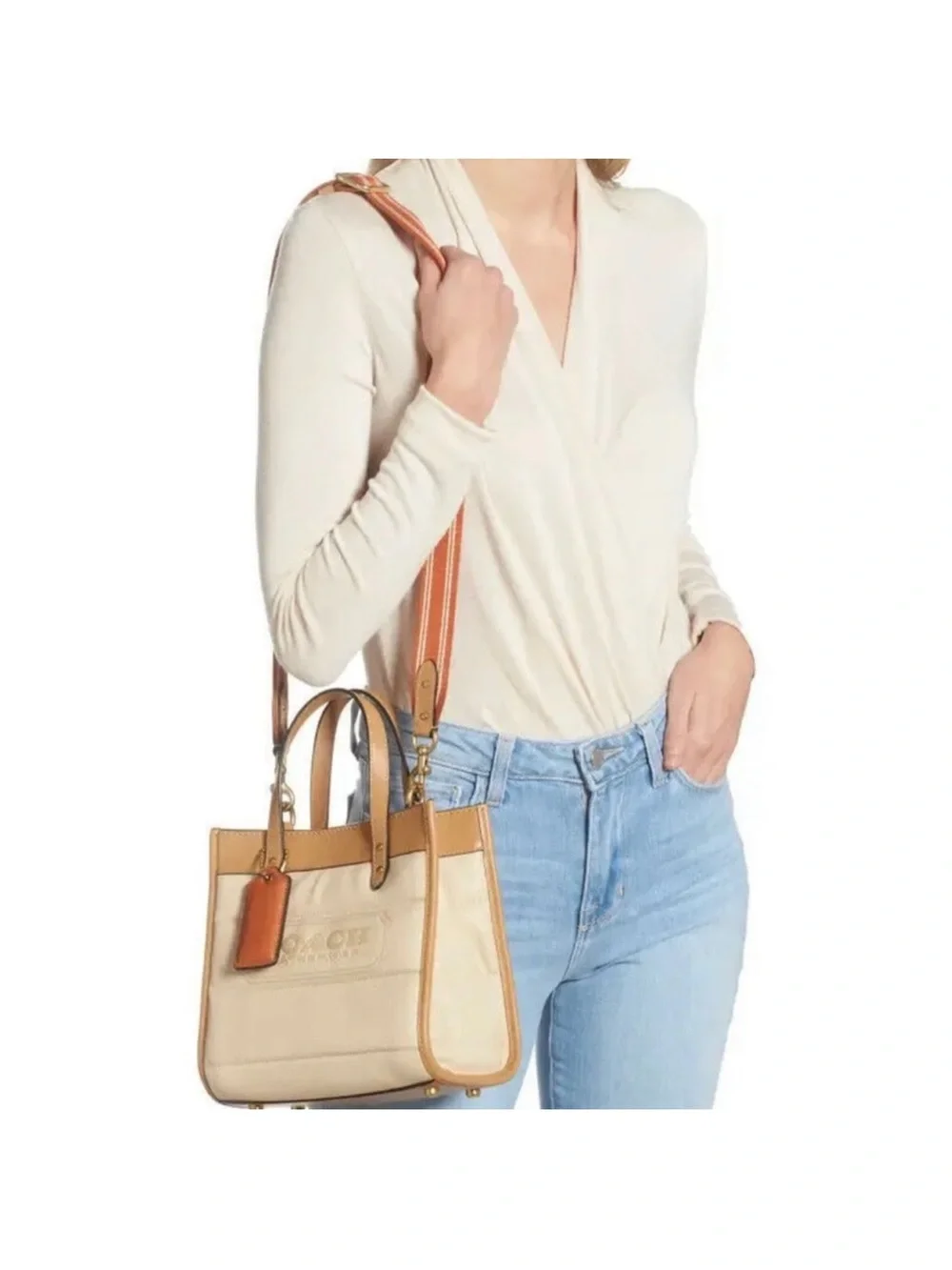 Coach Cream Canvas Tote with Tan Leather Trim